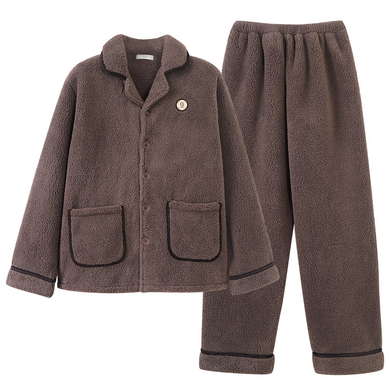 Vīriešu pidžamu komplekts no jēra vilnas, bieza vilna, kardigāna stila ar reveru, garās piedurknes, piemērots ārējai nēsāšanai