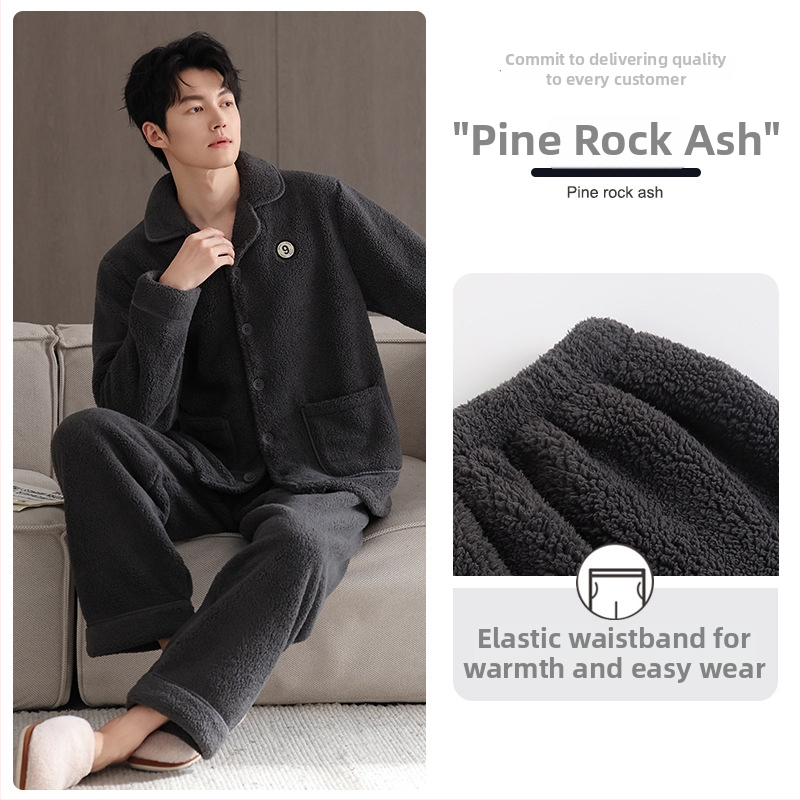 Vīriešu pidžamu komplekts no jēra vilnas, bieza vilna, kardigāna stila ar reveru, garās piedurknes, piemērots ārējai nēsāšanai