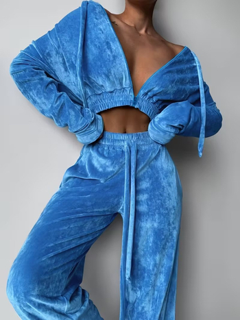 Jesen 2025: Ženski dvodijelni set od zlatog velura – opušteni casual stil, kardigan top s dugim rukavima, poliester i spandex