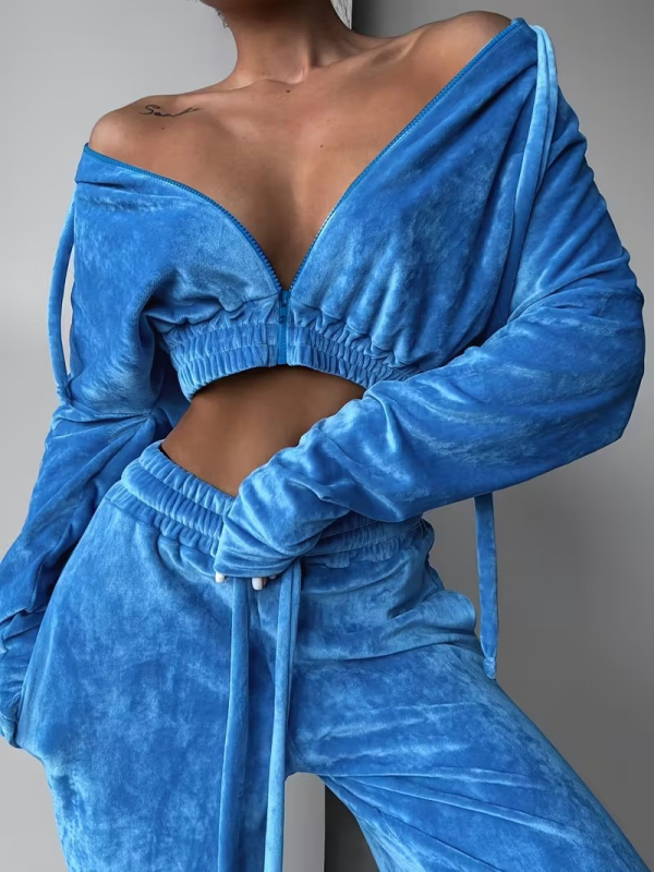 Jesen 2025: Ženski dvodijelni set od zlatog velura – opušteni casual stil, kardigan top s dugim rukavima, poliester i spandex