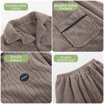 Vīriešu pidžamu komplekts — franču flīss, ekstra biezs, Turn-down apkakle, garas piedurknes, garas bikses