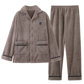 Vīriešu pidžamu komplekts — franču flīss, ekstra biezs, Turn-down apkakle, garas piedurknes, garas bikses