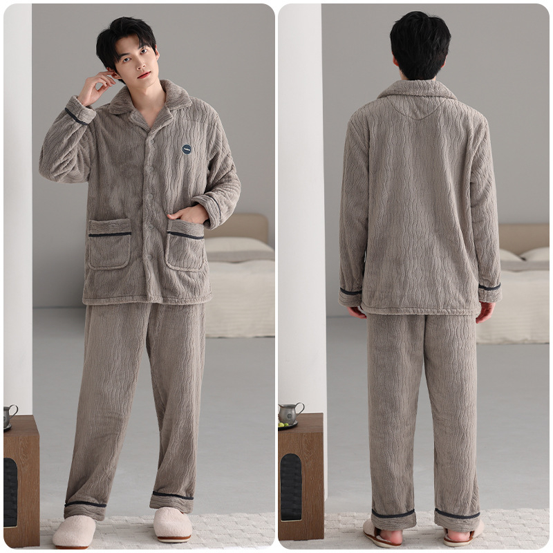 Vīriešu pidžamu komplekts — franču flīss, ekstra biezs, Turn-down apkakle, garas piedurknes, garas bikses