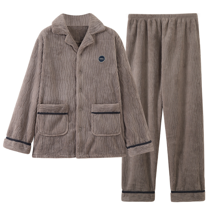 Vīriešu pidžamu komplekts — franču flīss, ekstra biezs, Turn-down apkakle, garas piedurknes, garas bikses