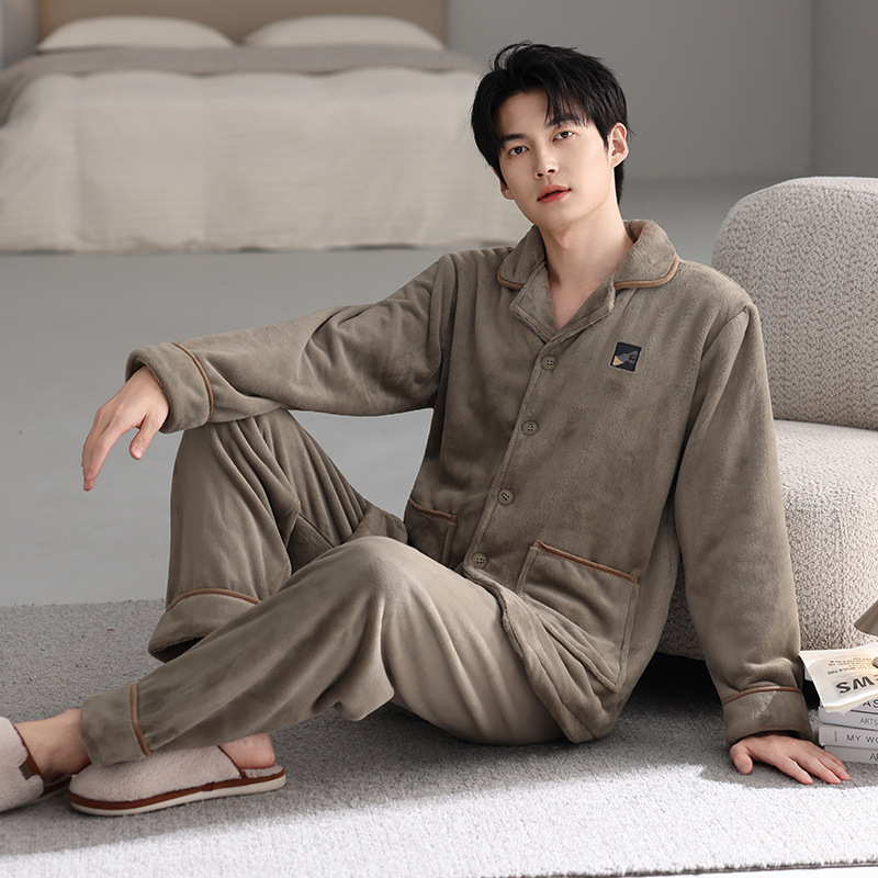 Vīriešu pidžamu komplekts — franču flīss, ekstra biezs, Turn-down apkakle, garas piedurknes, garas bikses