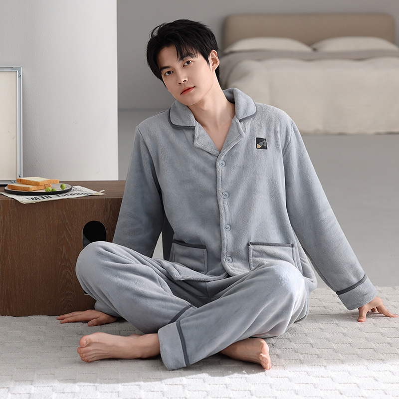 Vīriešu pidžamu komplekts — franču flīss, ekstra biezs, Turn-down apkakle, garas piedurknes, garas bikses