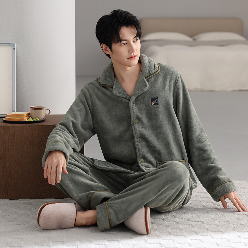 Vīriešu pidžamu komplekts — franču flīss, ekstra biezs, Turn-down apkakle, garas piedurknes, garas bikses