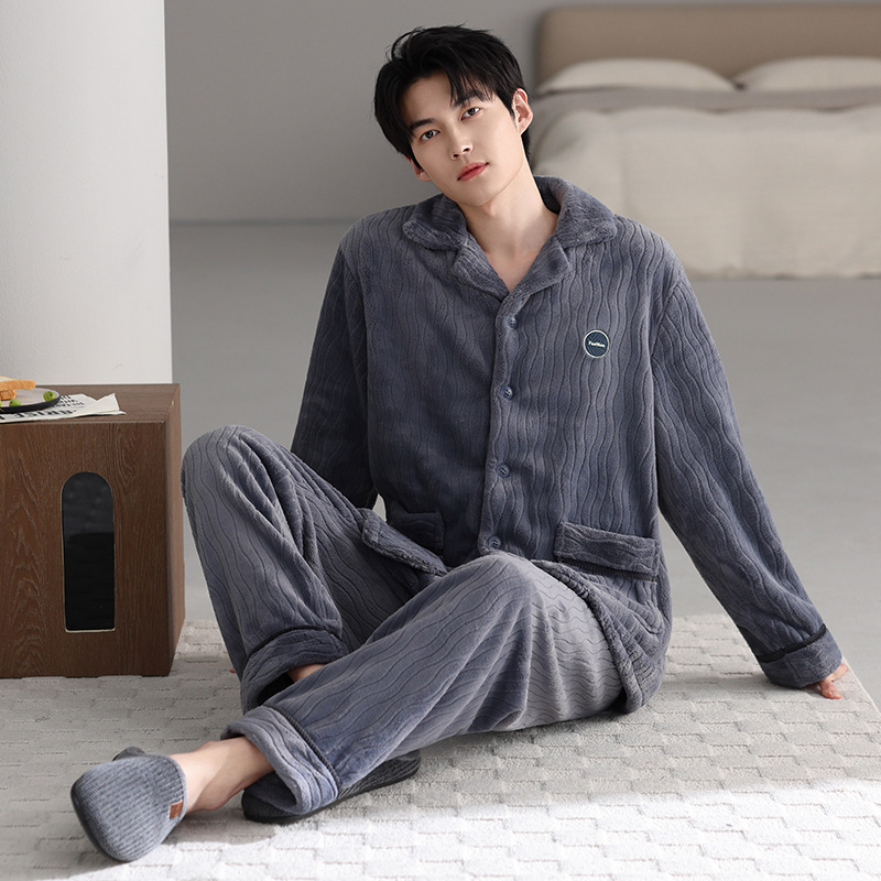 Vīriešu pidžamu komplekts — franču flīss, ekstra biezs, Turn-down apkakle, garas piedurknes, garas bikses