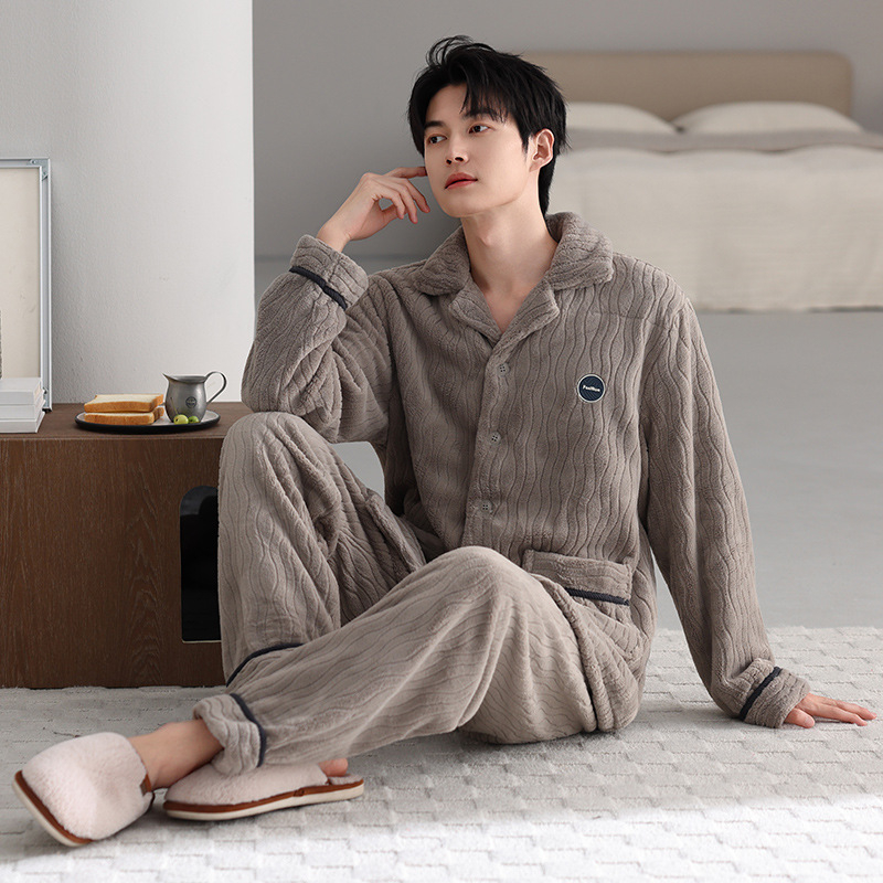 Vīriešu pidžamu komplekts — franču flīss, ekstra biezs, Turn-down apkakle, garas piedurknes, garas bikses