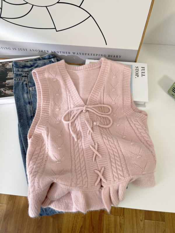 Moteriška be rankovių liemenė su V formos kaklu, trumpas kirpimas, poliesterio pluoštas su akrilo mišiniu, japonų/korejiečių laisvalaikio stilius