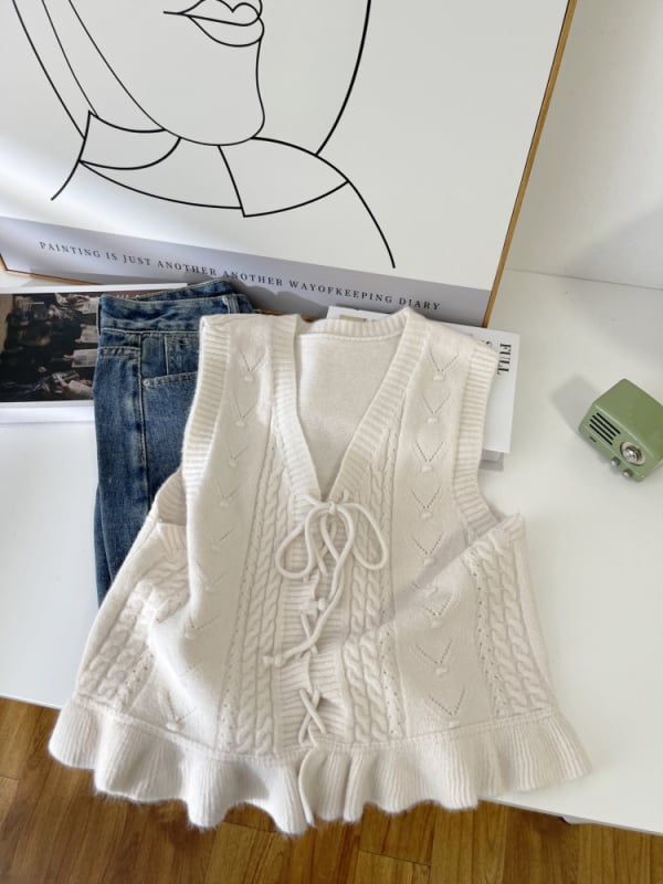 Moteriška be rankovių liemenė su V formos kaklu, trumpas kirpimas, poliesterio pluoštas su akrilo mišiniu, japonų/korejiečių laisvalaikio stilius