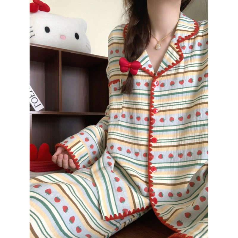 Ženski set pidžama od gazne pamucne tkanine cloud cotton, kardigan stil s ovratnikom lapel, dugi rukavi, 90–95% poliester, pogodno za proljeće i jesen
