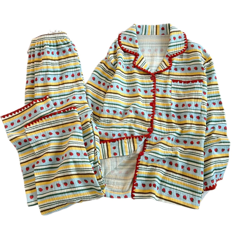 Ženski set pidžama od gazne pamucne tkanine cloud cotton, kardigan stil s ovratnikom lapel, dugi rukavi, 90–95% poliester, pogodno za proljeće i jesen