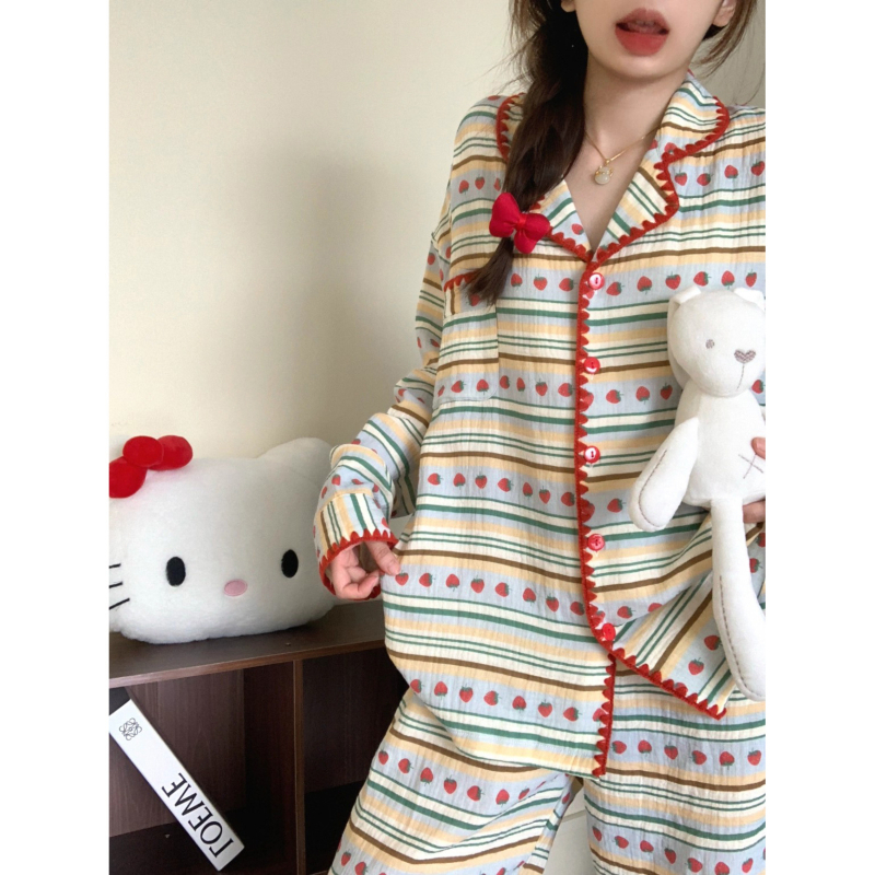 Ženski set pidžama od gazne pamucne tkanine cloud cotton, kardigan stil s ovratnikom lapel, dugi rukavi, 90–95% poliester, pogodno za proljeće i jesen