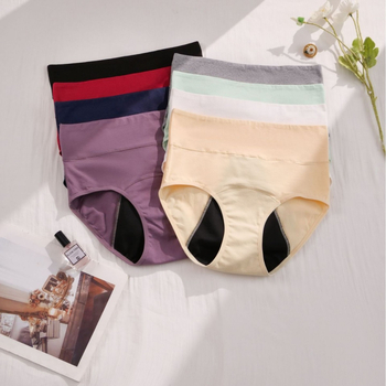 Menstruacijoms skirtos apatiniai su aukštu liemeniu, vientisos spalvos; pagrindinė medžiaga: medvilnės mišinys 95% medvilnė; tarpvagialinė danga 95% medvilnė