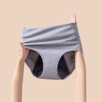 Menstruacijoms skirtos apatiniai su aukštu liemeniu, vientisos spalvos; pagrindinė medžiaga: medvilnės mišinys 95% medvilnė; tarpvagialinė danga 95% medvilnė