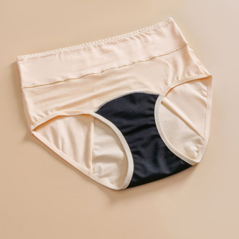 Menstruacijoms skirtos apatiniai su aukštu liemeniu, vientisos spalvos; pagrindinė medžiaga: medvilnės mišinys 95% medvilnė; tarpvagialinė danga 95% medvilnė