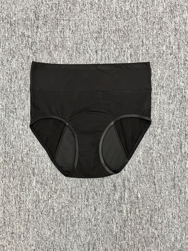 Menstruacijoms skirtos apatiniai su aukštu liemeniu, vientisos spalvos; pagrindinė medžiaga: medvilnės mišinys 95% medvilnė; tarpvagialinė danga 95% medvilnė