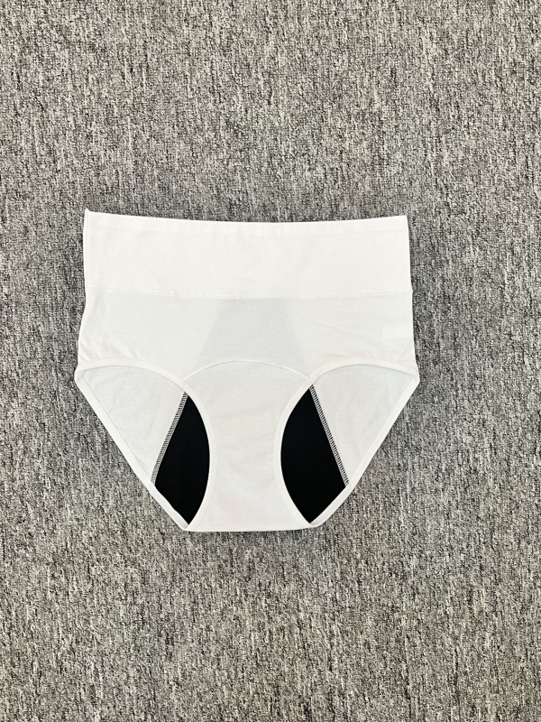 Menstruacijoms skirtos apatiniai su aukštu liemeniu, vientisos spalvos; pagrindinė medžiaga: medvilnės mišinys 95% medvilnė; tarpvagialinė danga 95% medvilnė