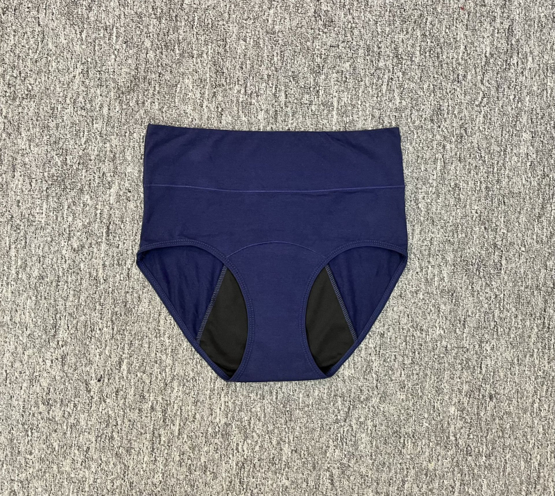 Menstruacijoms skirtos apatiniai su aukštu liemeniu, vientisos spalvos; pagrindinė medžiaga: medvilnės mišinys 95% medvilnė; tarpvagialinė danga 95% medvilnė