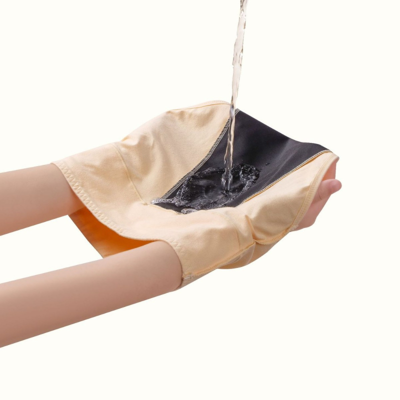 Menstruacijoms skirtos apatiniai su aukštu liemeniu, vientisos spalvos; pagrindinė medžiaga: medvilnės mišinys 95% medvilnė; tarpvagialinė danga 95% medvilnė