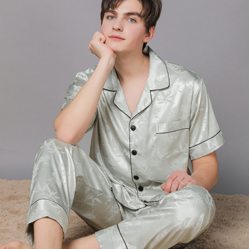 Vīriešu pižāmas komplekts no ice silk ar reveru apkakli, ultra plāns materiāls, 3/4 piedurknes, bikses