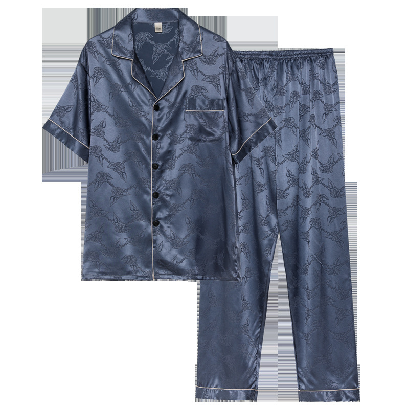 Vīriešu pižāmas komplekts no ice silk ar reveru apkakli, ultra plāns materiāls, 3/4 piedurknes, bikses