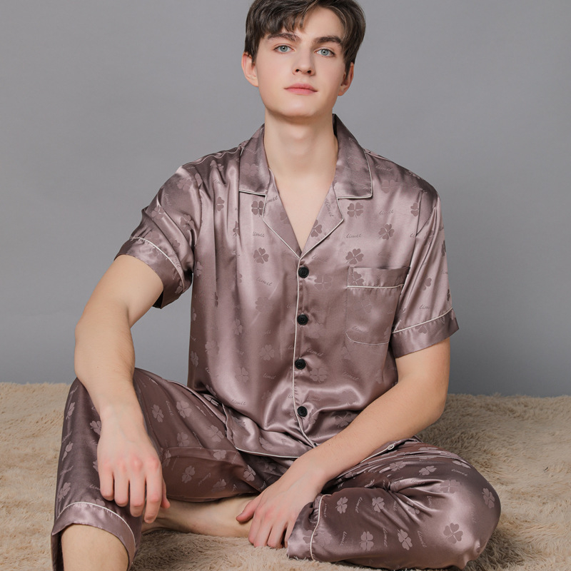 Vīriešu pižāmas komplekts no ice silk ar reveru apkakli, ultra plāns materiāls, 3/4 piedurknes, bikses