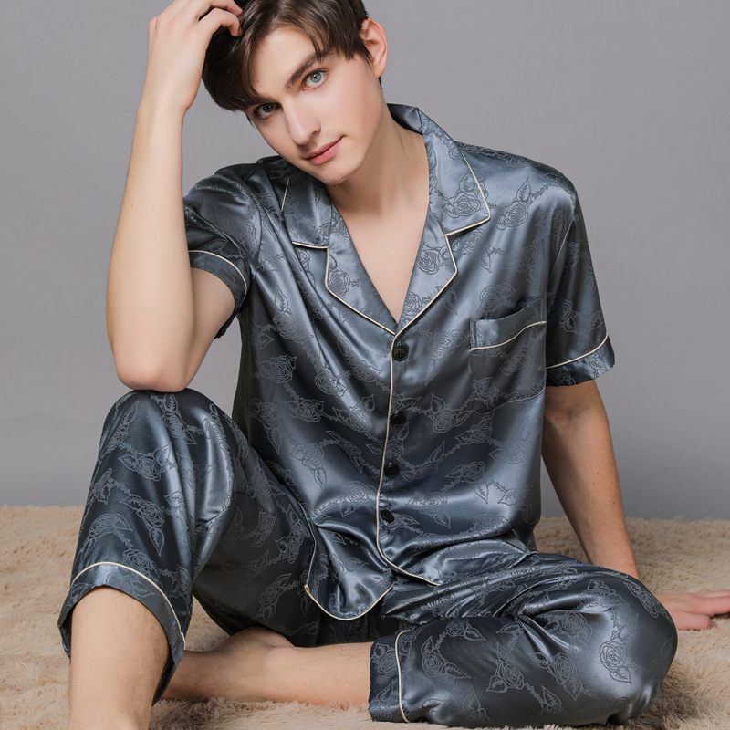 Vīriešu pižāmas komplekts no ice silk ar reveru apkakli, ultra plāns materiāls, 3/4 piedurknes, bikses