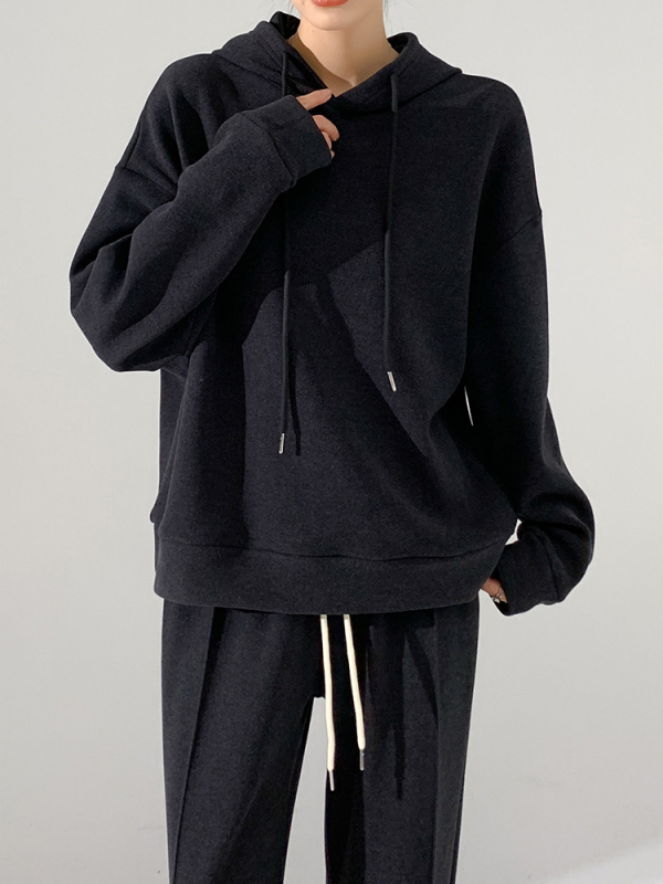 Σετ δύο τεμαχίων γυναικείο με φλις επένδυση: φούτερ με κουκούλα και παντελόνια φαρδιά, βισκόζη με πολυεστέρα, 90–95% βισκόζη, χειμώνας 2023, casual στυλ Ιαπωνο-Κορεατικό