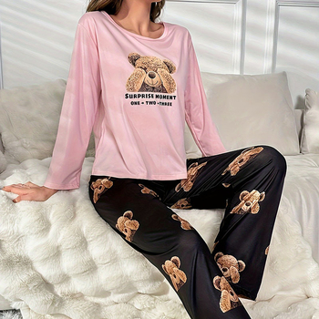 Pidžama set s otiskom medvjeda, kućni loungewear, pleteni materijal, okrugli izrez, dugi rukavi