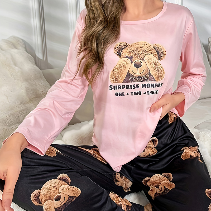 Pidžama set s otiskom medvjeda, kućni loungewear, pleteni materijal, okrugli izrez, dugi rukavi