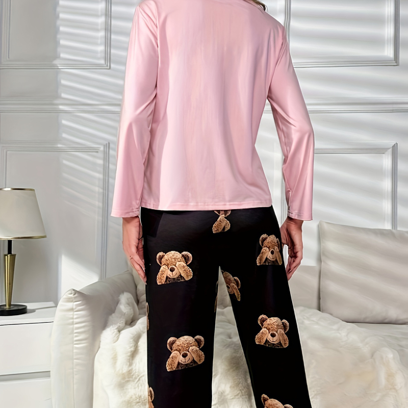 Pidžama set s otiskom medvjeda, kućni loungewear, pleteni materijal, okrugli izrez, dugi rukavi