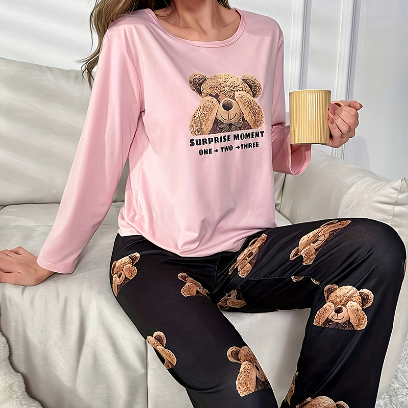 Pidžama set s otiskom medvjeda, kućni loungewear, pleteni materijal, okrugli izrez, dugi rukavi
