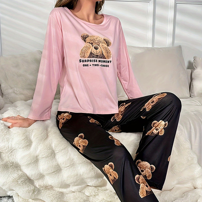 Pidžama set s otiskom medvjeda, kućni loungewear, pleteni materijal, okrugli izrez, dugi rukavi