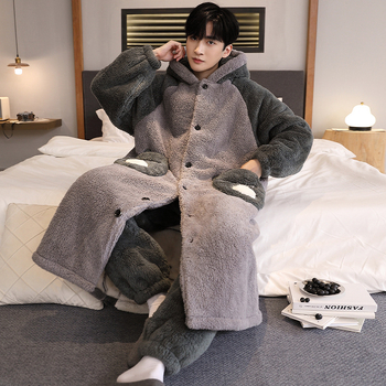 Vīriešu naktsveļas komplekts – flanelis, bieza fleece oderīte, 100% poliesters, karikatūras kardigāns, garas piedurknes