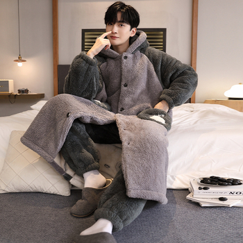 Vīriešu naktsveļas komplekts – flanelis, bieza fleece oderīte, 100% poliesters, karikatūras kardigāns, garas piedurknes