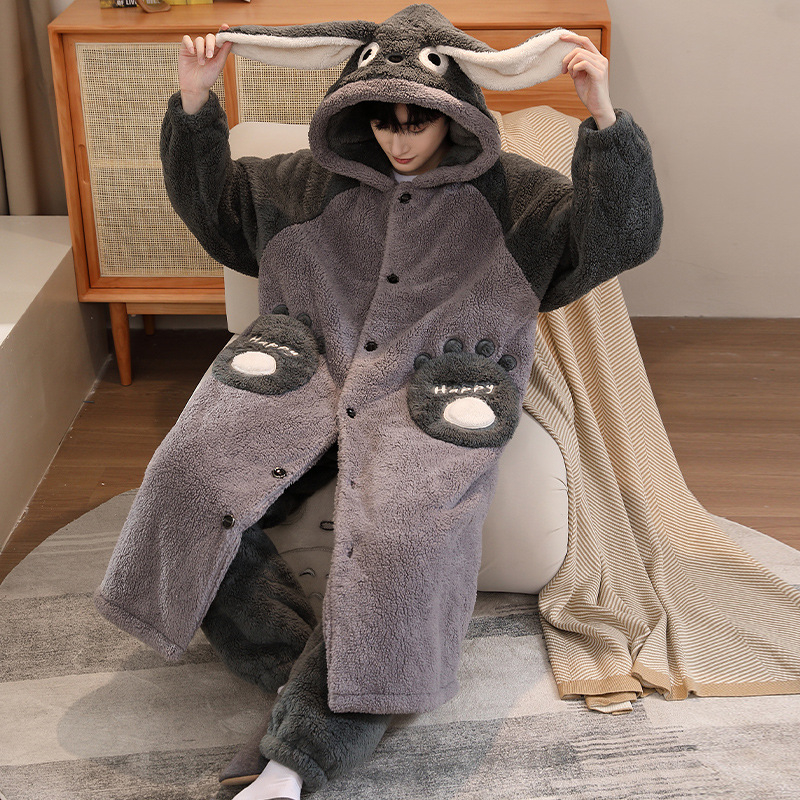 Vīriešu naktsveļas komplekts – flanelis, bieza fleece oderīte, 100% poliesters, karikatūras kardigāns, garas piedurknes