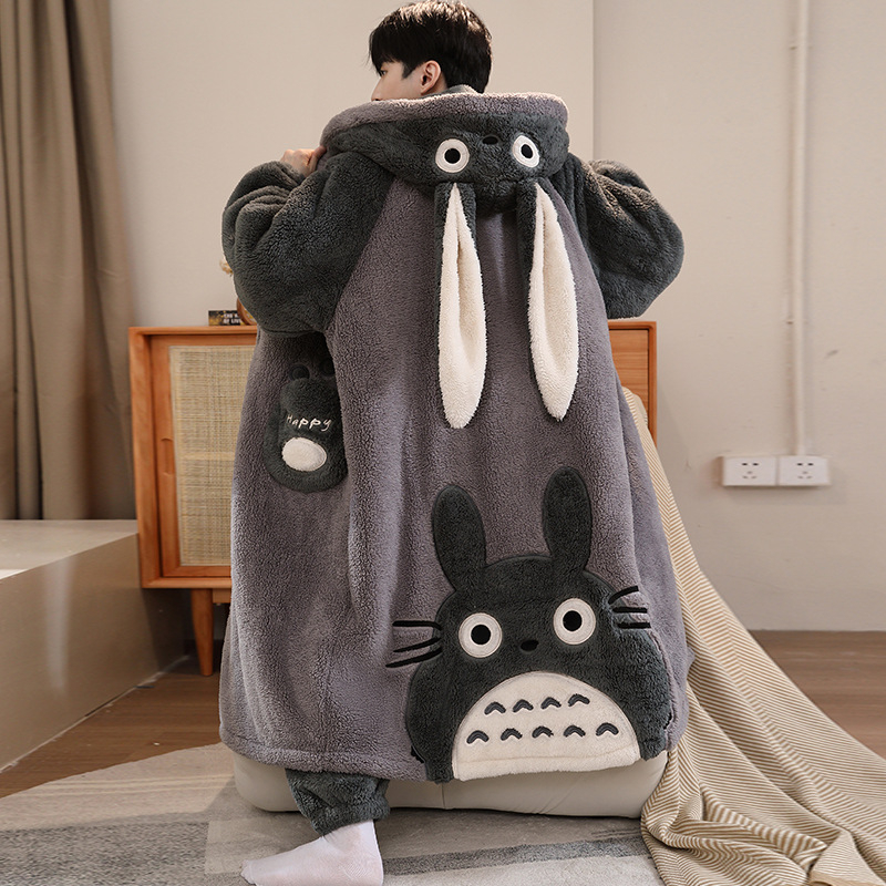 Vīriešu naktsveļas komplekts – flanelis, bieza fleece oderīte, 100% poliesters, karikatūras kardigāns, garas piedurknes