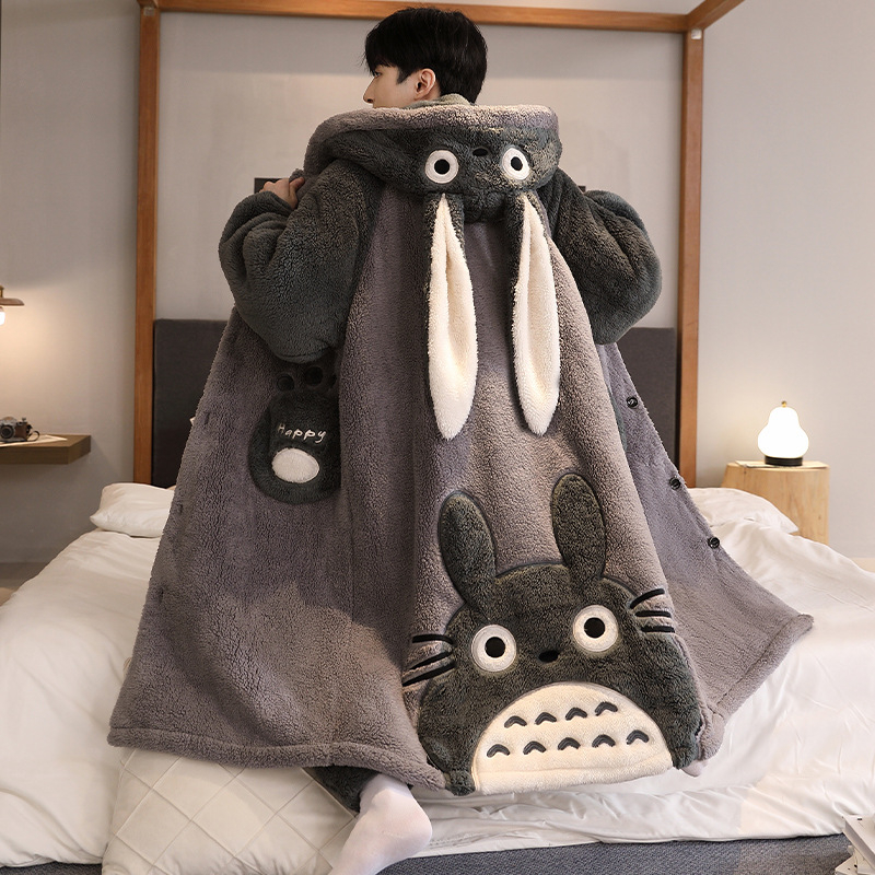 Vīriešu naktsveļas komplekts – flanelis, bieza fleece oderīte, 100% poliesters, karikatūras kardigāns, garas piedurknes