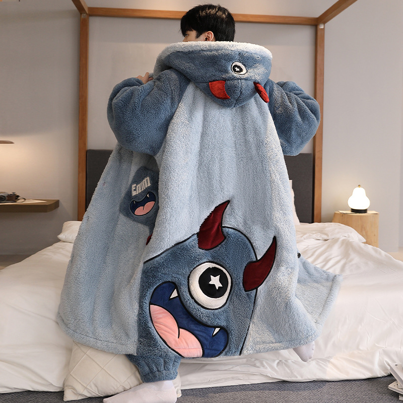 Vīriešu naktsveļas komplekts – flanelis, bieza fleece oderīte, 100% poliesters, karikatūras kardigāns, garas piedurknes