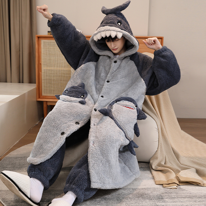 Vīriešu naktsveļas komplekts – flanelis, bieza fleece oderīte, 100% poliesters, karikatūras kardigāns, garas piedurknes