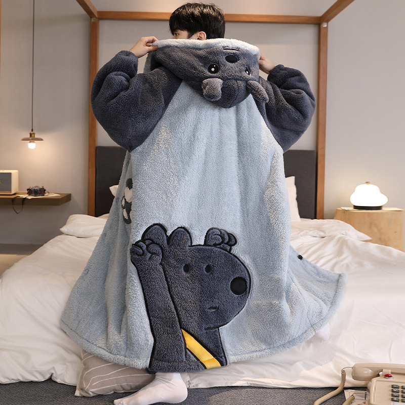 Vīriešu naktsveļas komplekts – flanelis, bieza fleece oderīte, 100% poliesters, karikatūras kardigāns, garas piedurknes