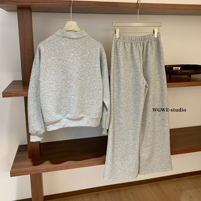 WGWE Ženski polo pulover i hlače set — dugi rukav, izšivani detalji, jesenji gradski casual stil