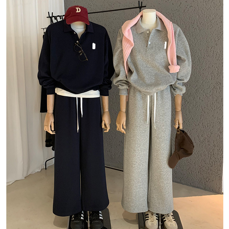 WGWE Ženski polo pulover i hlače set — dugi rukav, izšivani detalji, jesenji gradski casual stil