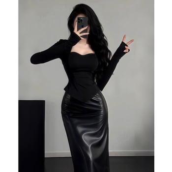 Set suknji: top s dugim rukavima u stilu T-shirt, duga suknja, PU tkanina, poliester 30–50% (zima 2025)