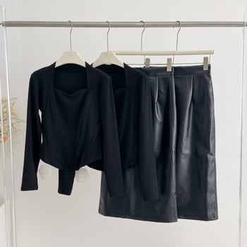 Set suknji: top s dugim rukavima u stilu T-shirt, duga suknja, PU tkanina, poliester 30–50% (zima 2025)