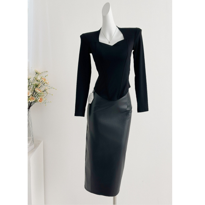 Set suknji: top s dugim rukavima u stilu T-shirt, duga suknja, PU tkanina, poliester 30–50% (zima 2025)