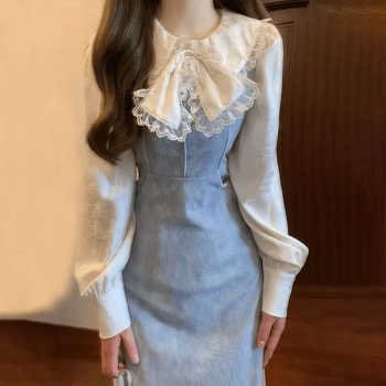 Kostim s suknjom i dugom haljinom s mašnicom na bluzi, 3D uzorak, poliester s elastanom, jesen 2024 dizajn