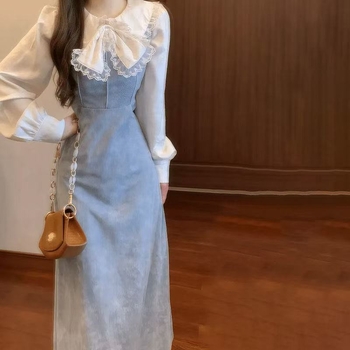 Kostim s suknjom i dugom haljinom s mašnicom na bluzi, 3D uzorak, poliester s elastanom, jesen 2024 dizajn